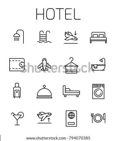 Hotel related vector icon set. Well-crafted sign in thin line style with editable stroke. Vector symbols isolated on a white background. Simple pictograms.