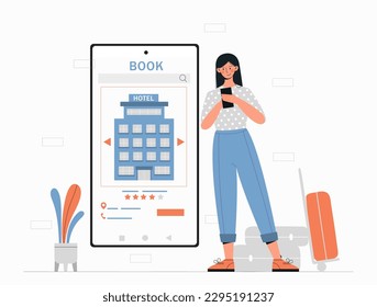 Hotel reservation concept. Woman with smartphone booking room. Travel and tourism, vacation and leisure. Online transactions and electronic payments. Cartoon flat vector illustration