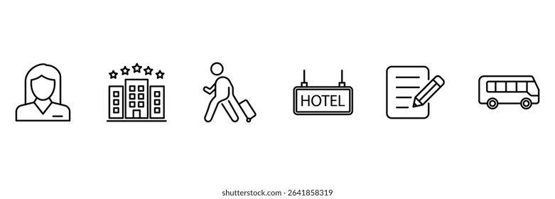 Hotel reservation and reception icon set with check-in booking transport concierge guest service stay travel hospitality outline.