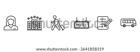Hotel reservation and reception icon set with check-in booking transport concierge guest service stay travel hospitality outline.