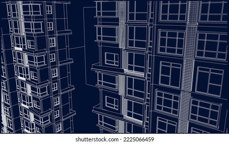 hotel residential apartment building façade 3D Line sketch illustration vector blueprint