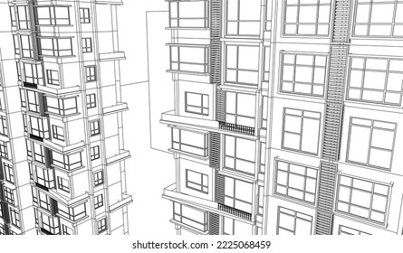 hotel residential apartment building façade 3D Line sketch illustration vector 