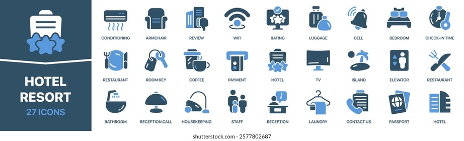 Hotel and resort colored signed icon collection. Luggage, bell, restaurant, room icons. UI icon set. Colored icons pack. Vector illustration