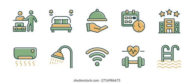 Hotel e resort facilidade serviços de quarto ícones linha. Conjunto de negócios apartamento, motel, aluguel de propriedade, albergue hospitalidade serviço sinais vetor ilustração