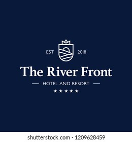 Hotel and Resort logo. The River hotel vector illustration. Logo for the resort in the mountains. Realty construction architecture symbol. 