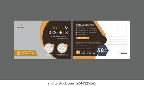 Hotel Resort postcard design template. hotel and resorts Travel post card template design Layout