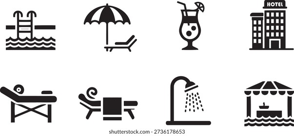 Hotel Resort and Spa Amenities Icon Set: Swimming Pool, Beach Lounge, Massage, and Cocktail Symbols.