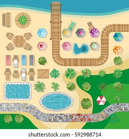 Hotel resort swimming pool area layout or plan template top view. Palm trees and umbrellas and lounge chairs on beachfront path. Vector illustration for summer holiday or vacation