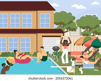 Hotel, resort swimming pool. People sunbathing, drinking cocktail, vector illustration. Summer vacation, pool party.