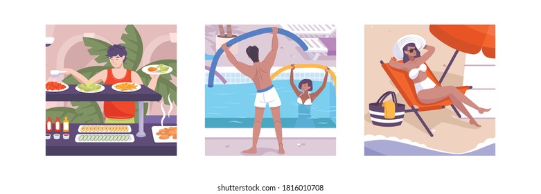 Hotel rest set with traveling facilities symbols flat isolated vector illustration