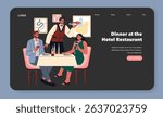 Hotel restaurant dining experience. Guests enjoy a lavish meal served by a waiter in a stylish setting. Showcases culinary delights, social interaction, and elegance. Vector illustration.