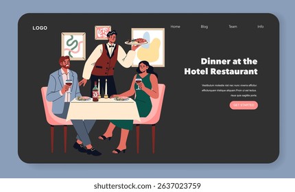 Experiência gastronômica no restaurante do hotel. Os hóspedes desfrutam de uma refeição luxuosa servida por um garçom num ambiente elegante. Apresenta delícias culinárias, interação social e elegância. Ilustração vetorial.