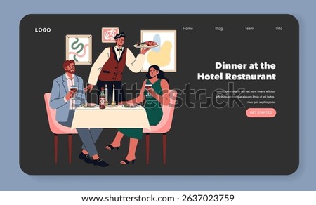 Hotel restaurant dining experience. Guests enjoy a lavish meal served by a waiter in a stylish setting. Showcases culinary delights, social interaction, and elegance. Vector illustration.