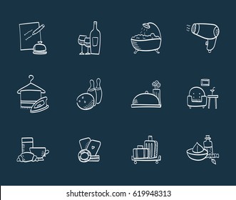 Hotel and restaurant doodle icons set. Hand drawn hotel icons with reception bell, laundry, breakfast, bowling, casino.