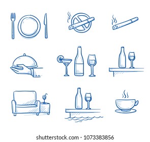 Hotel Restaurant Icon Set, With Dishes, Non Smoking Sign, Drinks, Bar, Lounge, Room Service And Coffee. Hand Drawn Line Art Cartoon Vector Illustration.