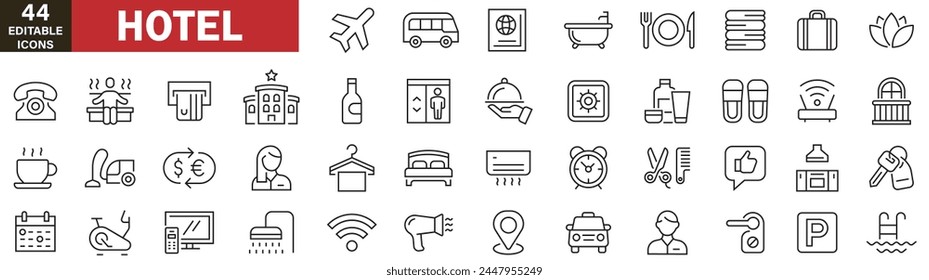  Hotel Restaurant icons, hotel icons, cafe menu, food and drink - thin line web icon set. Outline icons collection. Simple vector illustration. on white background editable stroke line icons