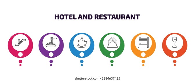 plantilla de infografía de hotel y restaurante con iconos y 6 pasos o opción. iconos de hoteles y restaurantes como o, spaghetti, café, servilletas, litera, vectores de vidrio de vino. puede utilizarse para banner,