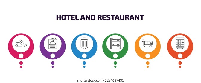 hotel and restaurant infographic template with icons and 6 step or option. hotel and restaurant icons such as vacuum cleaner, menu, luggage, bunk, lounge, vending hine vector. can be used for