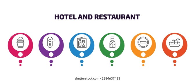 hotel and restaurant infographic template with icons and 6 step or option. hotel and restaurant icons such as frozen yogurt, doorknob, wine menu, bellboy, do not disturb, takoyaki vector. can be