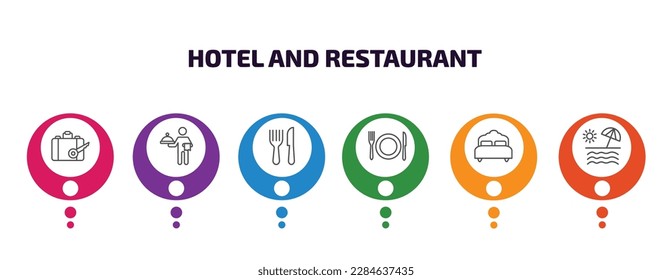 plantilla de infografía de hotel y restaurante con iconos y 6 pasos o opción. íconos de hoteles y restaurantes como equipaje de mano izquierda, servidor, cubiertos, comida, camas, vectores de playa. se puede usar para banner, info