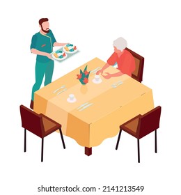 Hotel restaurant isometric icon with male waiter holding tray with dinner and elderly woman sitting at table 3d vector illustration