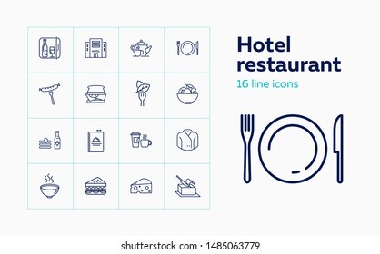Hotel restaurant line icon set. Set of line icons on white background. Hotel, food, dish. Food concept. Vector illustration can be used for topics like hotel, restaurant, cafe