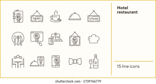 Hotel restaurant line icon set. Best cuisine, dish, menu, service isolated outline sign pack. Restaurant business concept. Vector illustration symbol elements for web design and apps