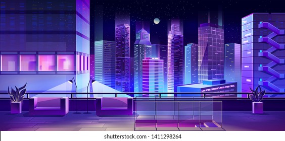 Hotel Or Restaurant Lounge Zone Or Terrace, Observation Desk With Beautiful View On Night City Downtown Cartoon Vector Background. Downstairs, Comfortable Armchairs On Skyscraper Roof Illustration