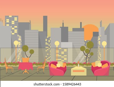 Hotel or Restaurant Open Terrace or Balcony on CItyscape Background. City Lounge Hall with Tables and Chairs, Horeca Business and Catering for General Nutrition. Flat Cartoon Vector Illustration.