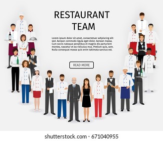 Hotel Restaurant Team. Group Of Catering Service Characters Standing Together In Uniform. Food Service Staff Website Banner. Vector Illustration.