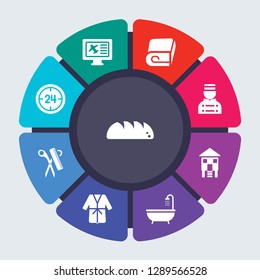 hotel and restaurant vector template for infographics. Business concept with 9 options, steps, parts, segments. Banner infographic cycling diagram, round chart, Bread, Booking, Blanket icons