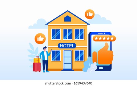 Hotel Review, Rating Service, User Satisfaction, Travel Landing Page Website Illustration Flat Vector Template 