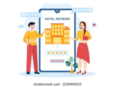 Hotel Review with Rating Service, User Satisfaction to Rated Customer, Product or Experience in Flat Cartoon Hand Drawn Templates Illustration