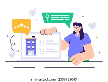 Ilustración vectorial que ofrece servicios de calificación, satisfacción del usuario y experiencias Clientes en un fondo de dibujos animados de estilo plano