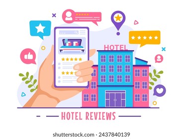 Hotel Reviews Vector Illustration with Rating Service, User Satisfaction to Rated Customer, Product or Experience in Flat Cartoon Background