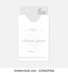 Hotel RFID key card inside keycard sleeve holder. Vertical white envelope with top slot. Vector template.