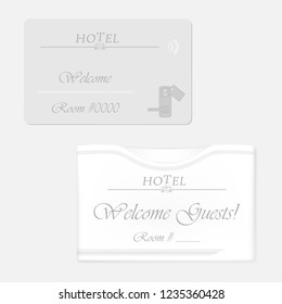 Hotel RFID key card with keycard sleeve holder. Horizontal white envelope with top slot. Vector template.