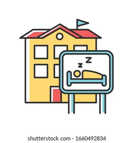 Hotel RGB color icon. Hostel, inn. Motel building. Sleeping accommodation services. Travelling facilities. Residential area. Apartment block. Isolated vector illustration