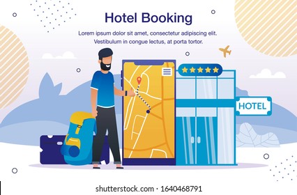 Hotel Room or Airline Tickets Booking Online Service or Mobile App Trendy Flat Vector Advertising Banner, Promo Poster Template. Traveling Man, Tourist Searching Hotels Location on Map Illustration