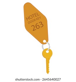 Hotel room or apartment door key with keyring and tag isolated on white background. Golden retro key with ring holder and pendant label hotel room number 263. Vector illustration