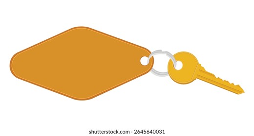 Quarto de hotel ou chave de porta de apartamento com chaveiro e tag em branco isolado no fundo branco. Chave retrô dourada com suporte de anel e rótulo pendente para número de quarto ou texto personalizado. Ilustração vetorial.