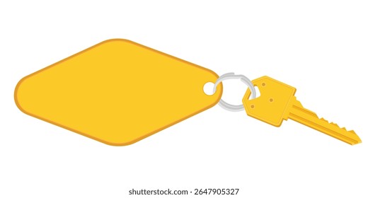 Hotel room or apartment door key with keyring and blank tag isolated on white background. Golden retro key with ring holder and pendant label for room number or custom text. Vector illustration.