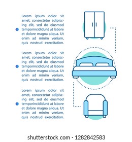 Hotel room article page vector template. Motel, hostel facilities and services. Brochure, magazine, booklet design element. Interior design. Furniture. Print design. Concept illustrations with text