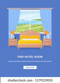 Hotel room banner. Vector. Template flyer bedroom interior, ocean sea landscape view window, bed. Flat design background hotel room brochure, sale, advertising, infographic, text. Cartoon illustration