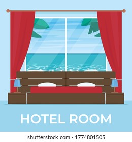 Hotel room with beach and sea landscape view in window. Hotel apartment. Vector illustration in flat style