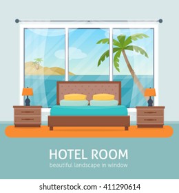 Habitación de hotel con playa y paisaje marino en ventana. Apartamento de hotel. Ilustración vectorial de estilo plano.