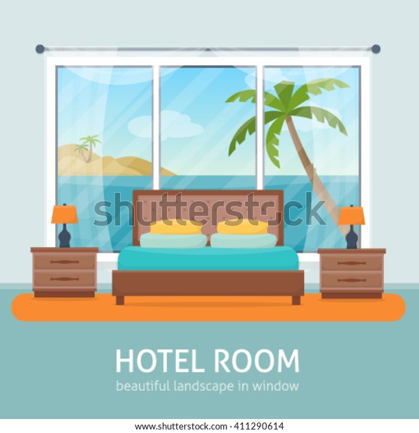 窓にビーチと海の風景のあるホテルの部屋 ホテルのアパート フラットスタイルのベクターイラスト のベクター画像素材 ロイヤリティフリー