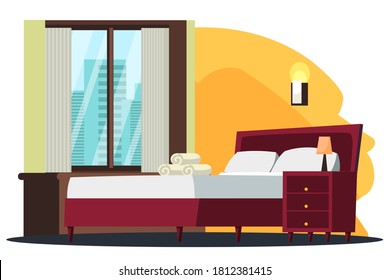 Hotel room with bed interior design background. Window with curtains, bed with pillows and towels, lamp. Happy holiday vacation vector illustration. Staying at modern hotel with view on city.