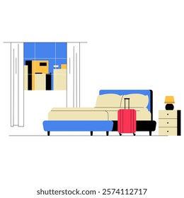 Hotel Room With Bed, Luggage, And Window View In Flat Vector Illustration Symbolizing Accommodation, Hospitality, And Travel Comfort, Isolated On White Background.