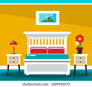 Hotel Room Bed. Vector Flat Design Interior Illustration.